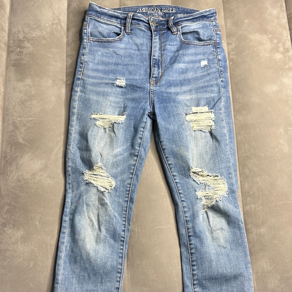American Eagle Outfitters Women's Blue Ripped Highest Rise Jeggings size 8 Short